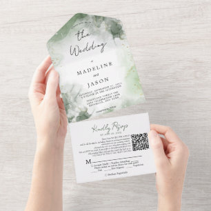Invitación Todo En Uno Sage Green Watercolor Gold Splash QR Code Boda