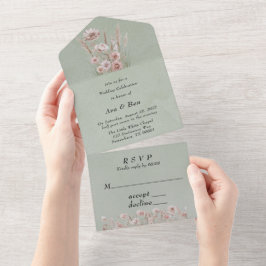 Invitación Todo En Uno Sage Green Watercolor Pink Peony Boda