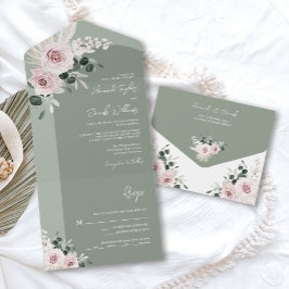 Invitación Todo En Uno Sage Greenery Boda Rosa de Floral rosa