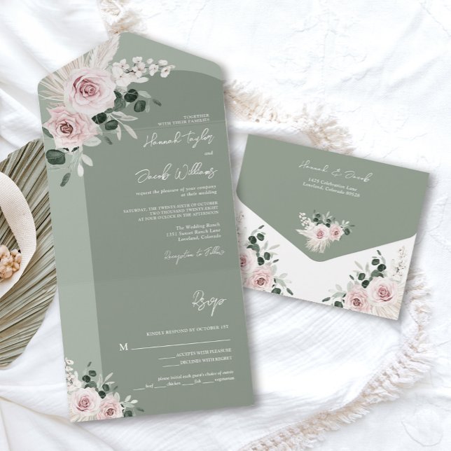 Invitación Todo En Uno Sage Greenery Boda Rosa de Floral rosa (sage green pink floral rose wedding invitation)