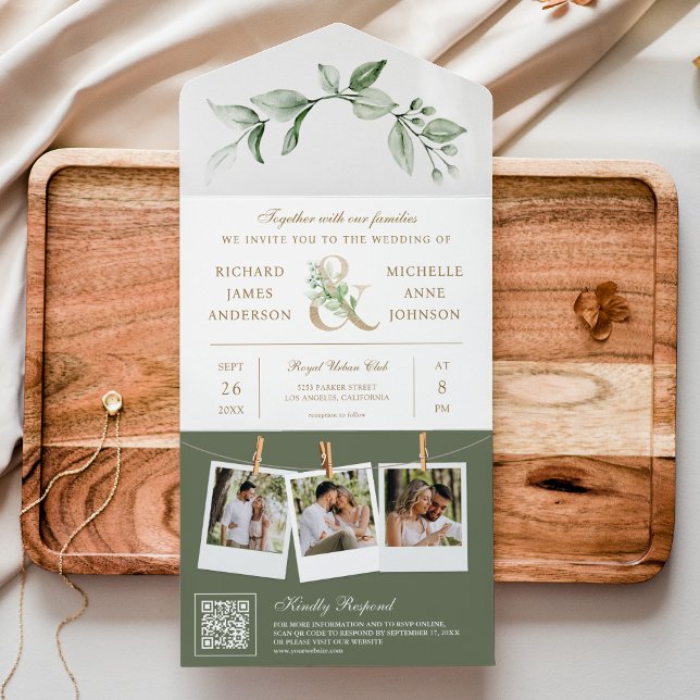 Invitación Todo En Uno Sage Greenery Gold Ampersy Boda de código QR (Subido por el creador)