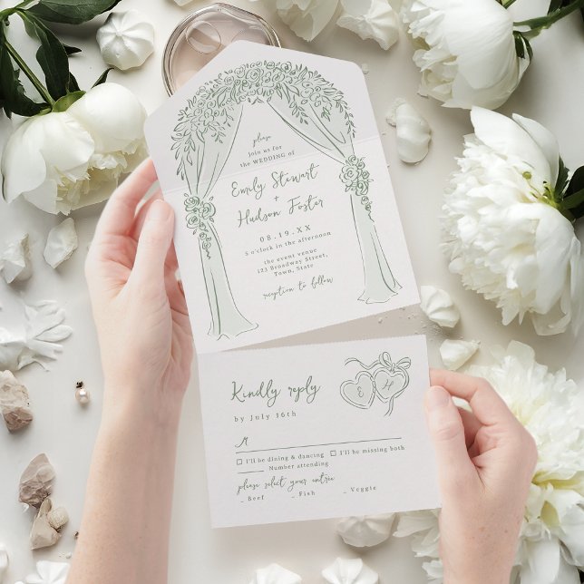 Invitación Todo En Uno Sage Hand Drawn Floral Arch Whimsical Wedding (Sage Hand Drawn Floral Arch Whimsical Wedding All In One Invitation)