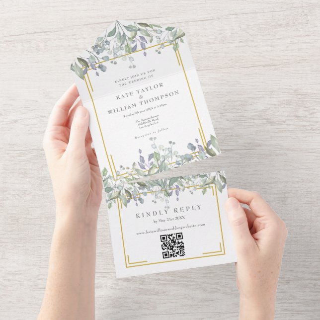 Invitación Todo En Uno Sage Lilac Floral Gold Geométrico QR Code Boda (desgarro)