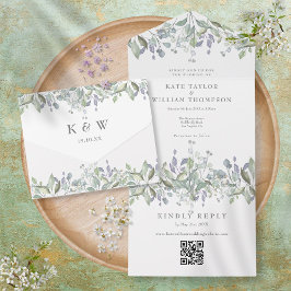 Invitación Todo En Uno Sage Lilac Floral Monograma QR Boda de código