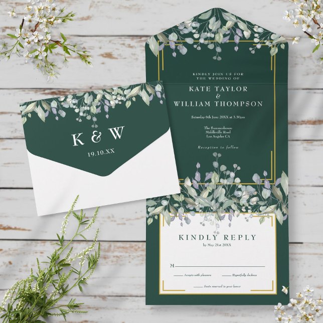 Invitación Todo En Uno Sage Lilac Foliage Boda de Monograma Esmeralda (Subido por el creador)