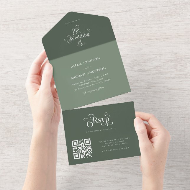 Invitación Todo En Uno Sage Moss Green Shades Retro Typografía QR Code (desgarro)