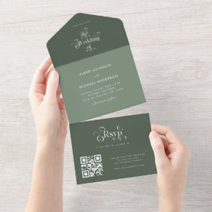 Invitación Todo En Uno Sage Moss Green Shades Retro Typografía QR Code
