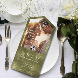 Invitación Todo En Uno Sage Olive Green Shimmer Lines Photo QR Code
