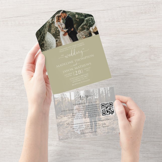 Invitación Todo En Uno Sage Sage Green 2 Photo QR Code Boda RSVP (desgarro)