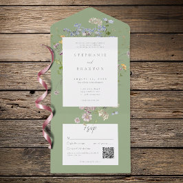 Invitación Todo En Uno Sage Wildflower Garden Elegant Wedding QR