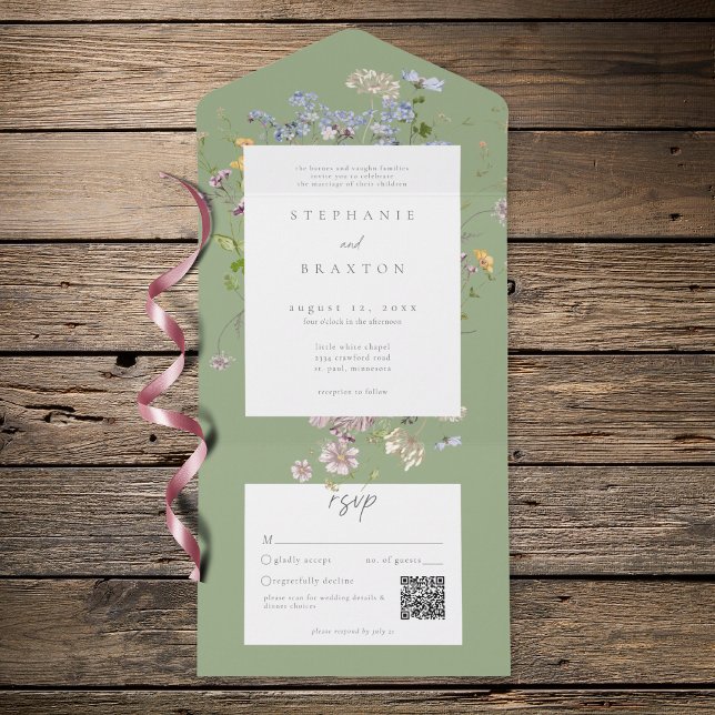 Invitación Todo En Uno Sage Wildflower Garden Elegant Wedding QR (Subido por el creador)