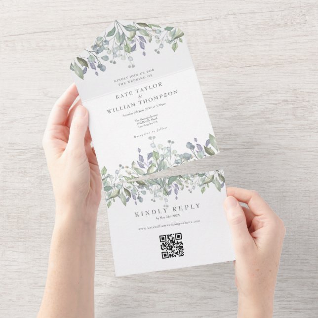 Invitación Todo En Uno Sage Y Lilac Greenerenerenery Código QR Boda Monog (desgarro)