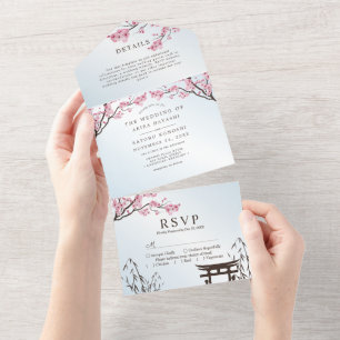Invitación Todo En Uno Sakura Flor de Cerezo Japonesa Boda Asiática Todo