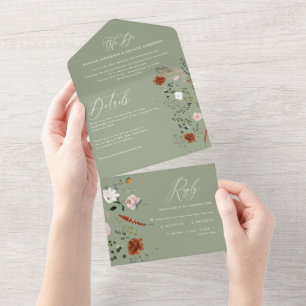 Invitación Todo En Uno salchicha verde floral rústico elegante