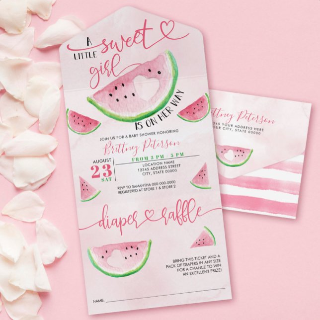 Invitación Todo En Uno Sandmelon Baby Shower Pink Diaper Raffle (This exquisitely designed invitation captures the essence of summer with its vibrant watercolor.)