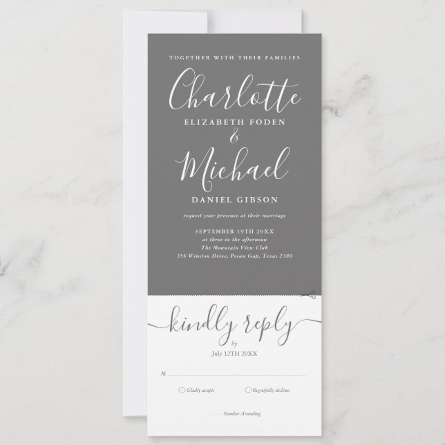 Invitación Todo En Uno Script Gris Y Blanco Boda (Anverso)