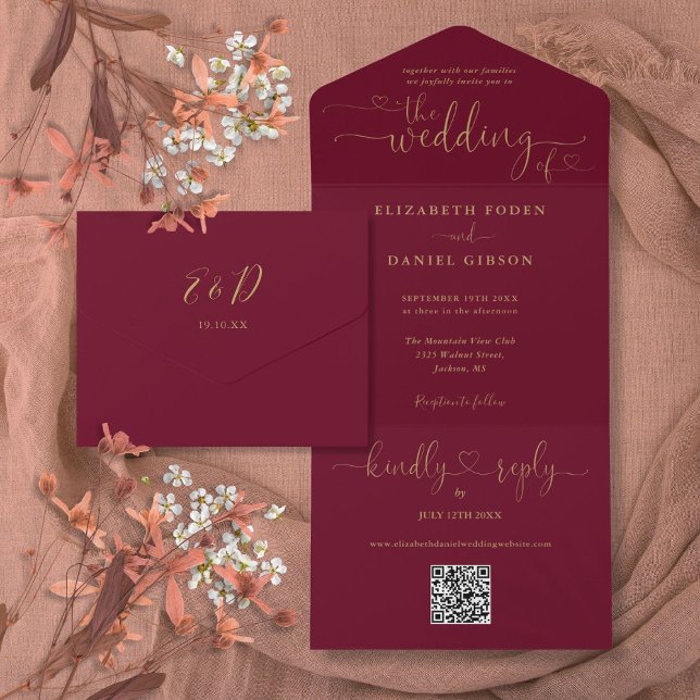 Invitación Todo En Uno Script Hearts Burgundy Y Gold QR Code Boda (Script Hearts Burgundy And Gold QR Code Wedding All In One Invitation)