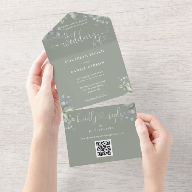 Invitación Todo En Uno Script Hearts Floral QR Code Sage Green Boda (desgarro)