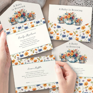 Invitación Todo En Uno Se está preparando un bebé Tetera y tazas de té pa