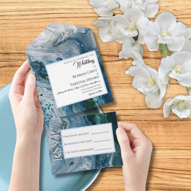 Invitación Todo En Uno Sea Blues Alcohol Ink Wedding Invitation Elegance (Subido por el creador)