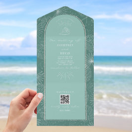 Invitación Todo En Uno Seashell Palm Aqua Beach Wedding QR Code RSVP