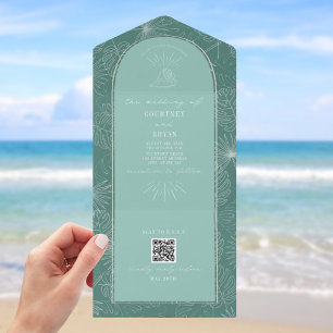 Invitación Todo En Uno Seashell Palm Aqua Beach Wedding QR Code RSVP