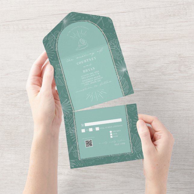 Invitación Todo En Uno Seashell Palm Aqua Beach Wedding QR RSVP (desgarro)