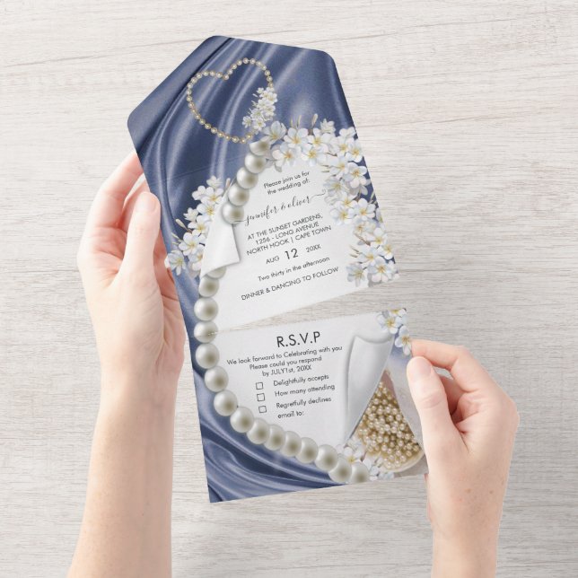 Invitación Todo En Uno Seda azul y perlas todo en una sola boda invitada (desgarro)