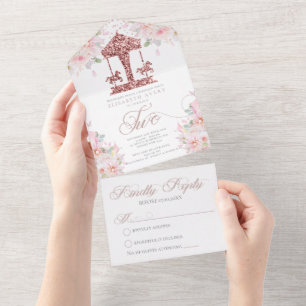Invitación Todo En Uno Segundo Purpurina de Carrusel Floral de cumpleaños