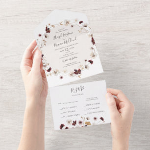Invitación Todo En Uno Sello de flores silvestres de borgoña de cobre y e