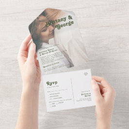 Invitación Todo En Uno Sello de foto retro simple con color verde oliva y