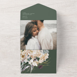 Invitación Todo En Uno Sello De Foto Verde De Floral Blanca Bouquet Y Env