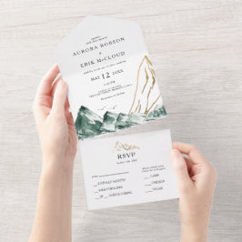 Invitación Todo En Uno Sello de montaña verde y dorado y envío