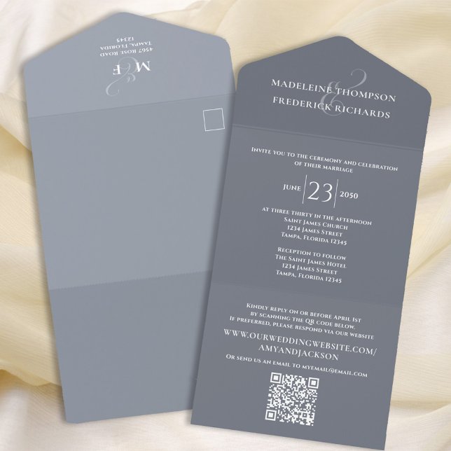 Invitación Todo En Uno Sello elegante y Boda azul turbio (Subido por el creador)