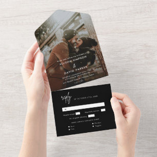 Invitación Todo En Uno Sello minimalista de Boda de fotos negro y envío t
