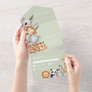 Invitación Todo En Uno Selva Tropical Verde Ducha de cumpleaños Animales