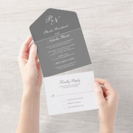 Invitación Todo En Uno Sencilla Boda Gris Elegante Monograma