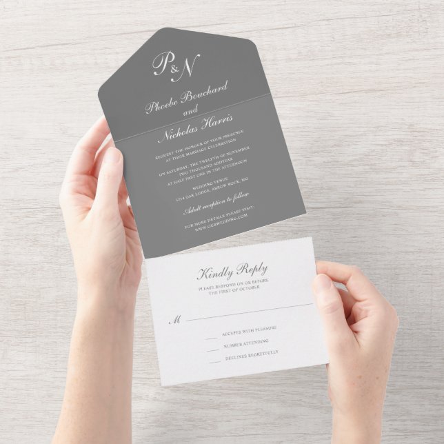 Invitación Todo En Uno Sencilla Boda Gris Elegante Monograma (desgarro)