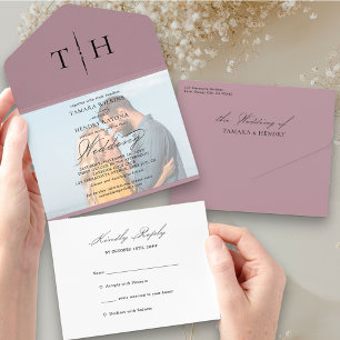 Invitación Todo En Uno Sencilla Caligrafía Foto Polvo Rosa RSVP Boda