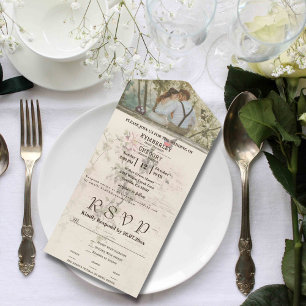 Invitación Todo En Uno Sencilla Crema Vintage Marfil Floral Mariposa Foto