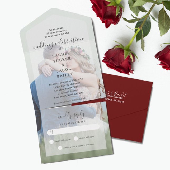 Invitación Todo En Uno Sencilla elegancia Boda rojo borgoña de foto compl (Subido por el creador)