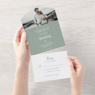 Invitación Todo En Uno Sencilla Elegante Rústica Boda de Fotos Verde Salv