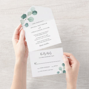 Invitación Todo En Uno Sencilla Elegante Verde Boda Rústica de Eucalipto