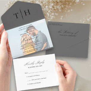 Invitación Todo En Uno Sencilla fotografía de caligrafía gris RSVP boda