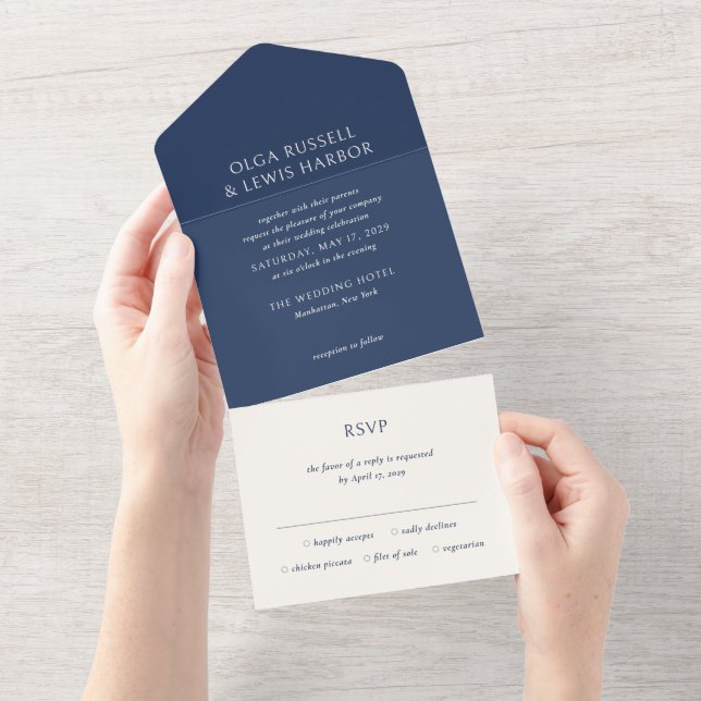 Invitación Todo En Uno Sencilla marina y crema moderna Boda (desgarro)