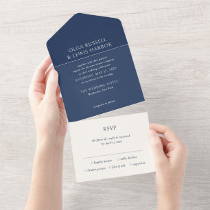 Invitación Todo En Uno Sencilla marina y crema moderna Boda