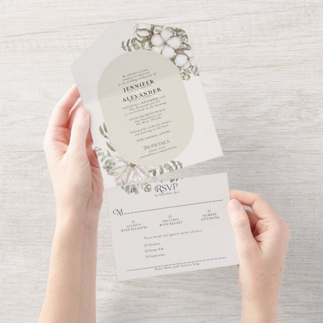 Invitación Todo En Uno Sencilla vegetación invernal Oval Ivory Cream Boda (desgarro)