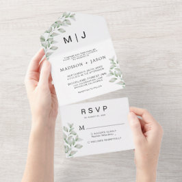 Invitación Todo En Uno Sencilla vegetación Minimalista Monograma Boda tod