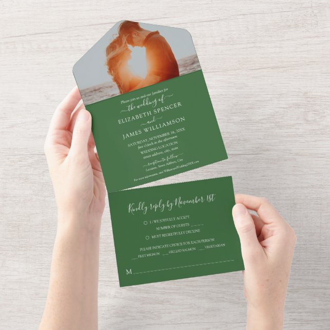 Invitación Todo En Uno Sencilla y elegante boda fotográfica RSVP Green (desgarro)