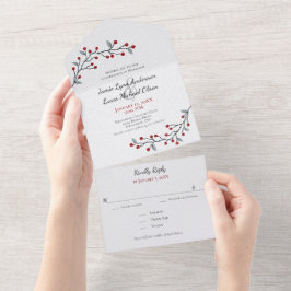 Invitación Todo En Uno Sencillamente Elegante Berries Rojas De Invierno